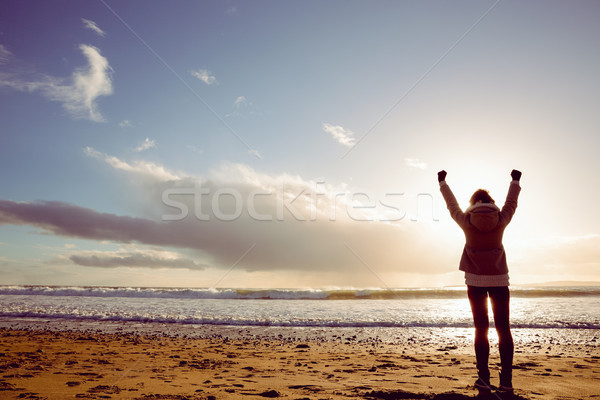 Vista posteriore donna guardando mare mani in alto spiaggia Foto d'archivio © wavebreak_media