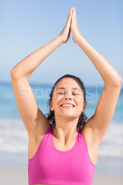 Stockfoto: Geschikt · vrouw · yoga · naast · zee · strand