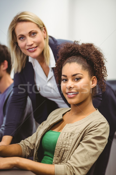 Stockfoto: Vrolijk · leraar · student · naar · camera · computerruimte