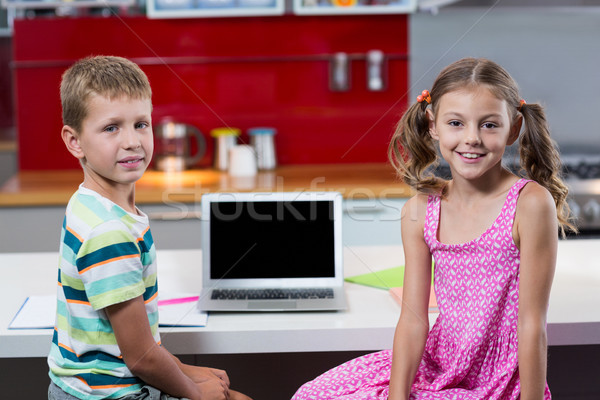 Foto stock: Retrato · sonriendo · hermanos · portátil · cocina · casa