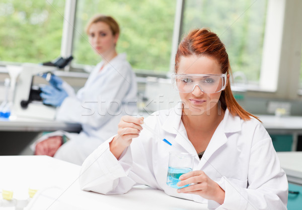 Scientist dropping liquid in a beaker while her colleague is using a microscope in a laboratory Stock photo © wavebreak_media