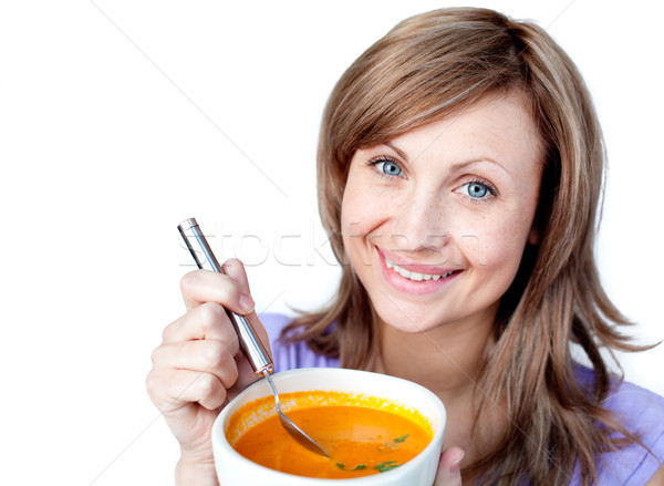 Freudige Frau halten Suppe Schüssel weiß Stock foto © wavebreak_media