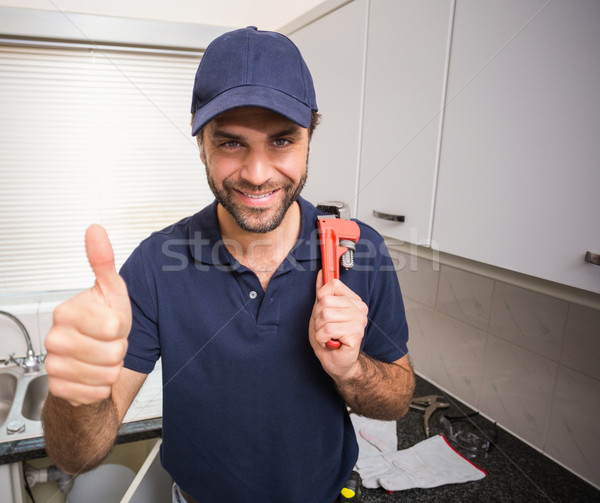 водопроводчика улыбаясь камеры кухне человека счастливым Сток-фото © wavebreak_media