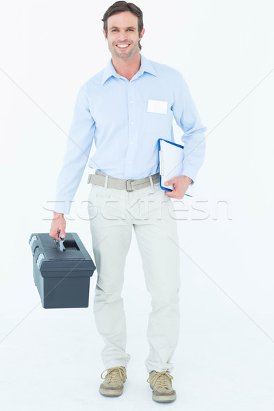 Stock foto: Glücklich · Supervisor · tragen · Werkzeugkasten · Zwischenablage · Porträt