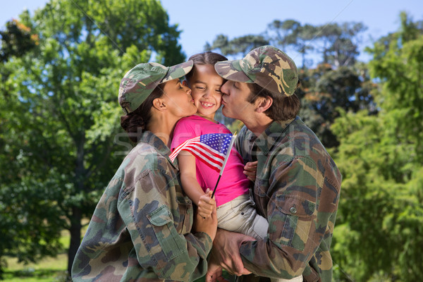 Foto stock: Ejército · padres · hija · mujer · árbol