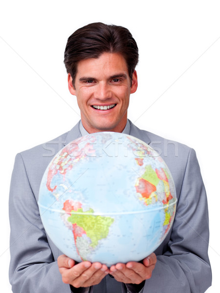üzletember tart földgömb fehér mosoly internet Stock fotó © wavebreak_media
