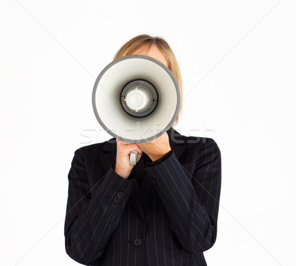 [[stock_photo]]: Femme · d'affaires · mégaphone · cacher · visage