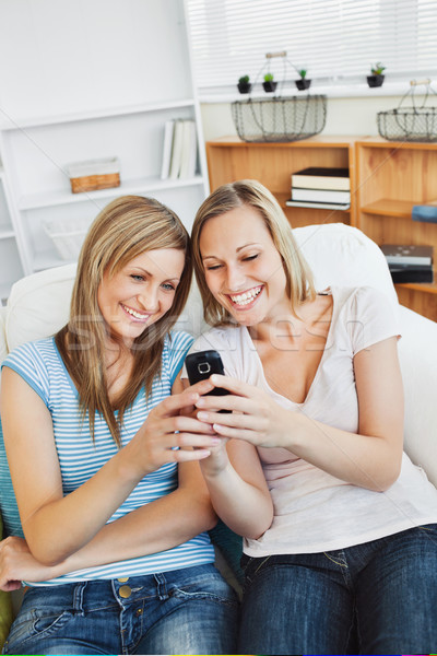 Bájos nő mobiltelefon otthon nappali mosoly Stock fotó © wavebreak_media