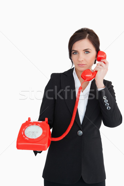 Foto stock: Empresária · vermelho · discar · telefone · branco · feminino