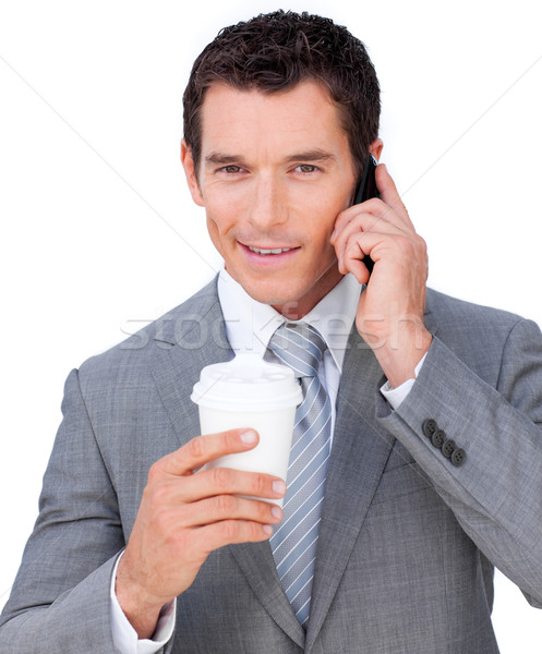 商業照片: 商人 · 電話 · 飲用水 · 杯 · 白