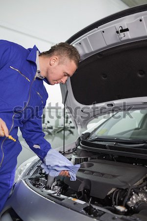 Foto stock: Mecánico · examinar · coche · motor · retrato · masculina