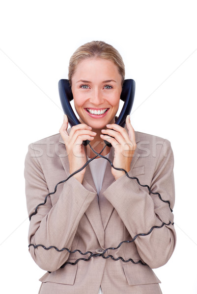 Сток-фото: улыбаясь · деловая · женщина · вверх · телефон · проводов · белый