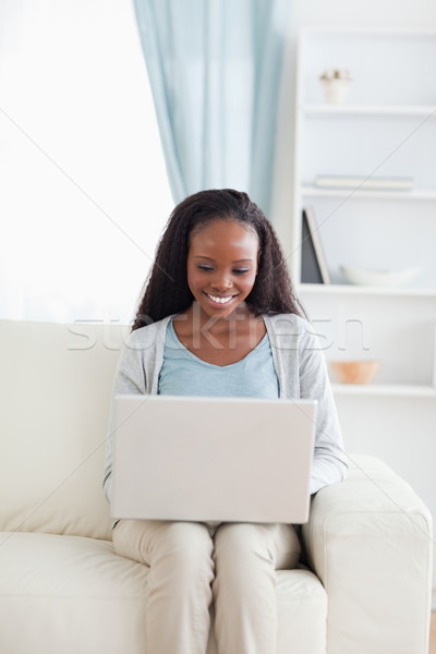 Foto stock: Sorrindo · sofá · trabalhando · laptop · casa · teia