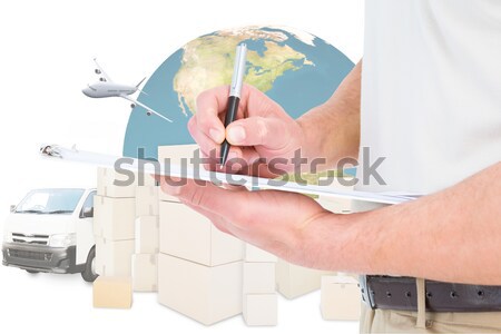 Composite image of delivery man writing on clipboard  Stock photo © wavebreak_media