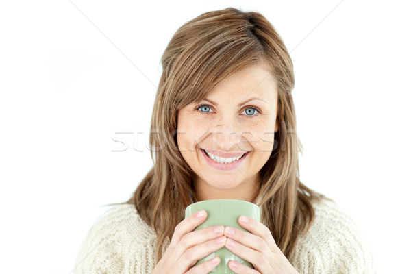 Glimlachende vrouw beker koffie witte mode Stockfoto © wavebreak_media