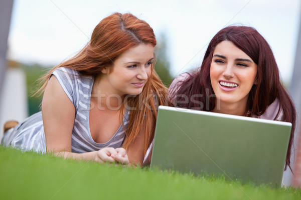 [[stock_photo]]: Jeunes · femmes · travail · portable · pelouse · ordinateur · sourire
