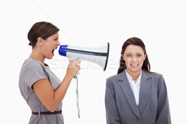 [[stock_photo]]: Femme · d'affaires · mégaphone · collègue · blanche · santé · fond