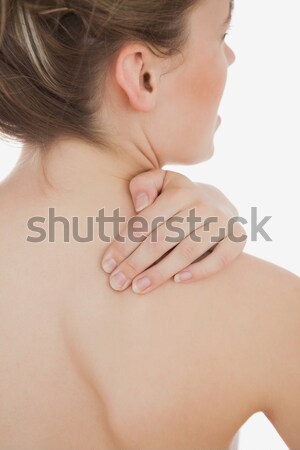 Foto stock: Alterar · mujer · sufrimiento · dolor · en · el · hombro · blanco