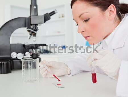 Scientist pouring drop of blood onto glass with futuristic inter Stock photo © wavebreak_media