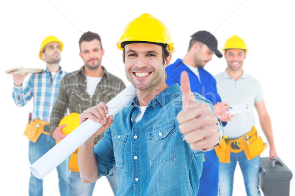 Composite image of architect holding blueprint while gesturing t Stock photo © wavebreak_media