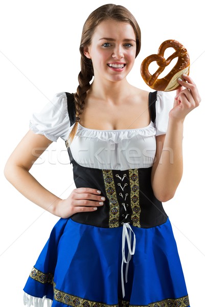 Stock foto: Ziemlich · Oktoberfest · Mädchen · halten · Brezel · weiß