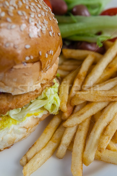 Hamburger sültkrumpli asztal közelkép étel kenyér Stock fotó © wavebreak_media