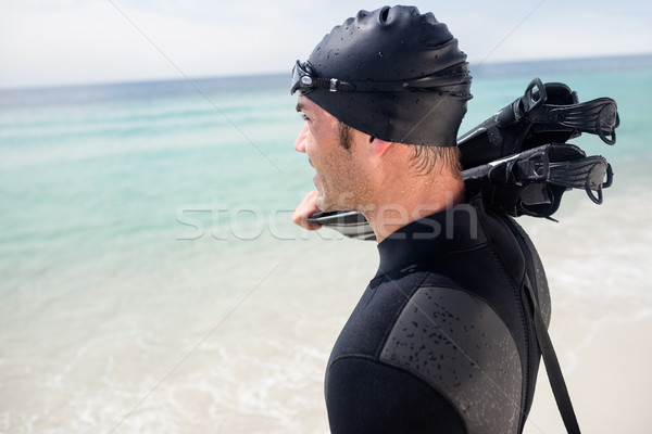 Foto stock: Surfista · pie · playa · agua · hombre