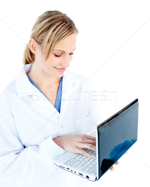 Női orvos tart laptop fehér arc Stock fotó © wavebreak_media