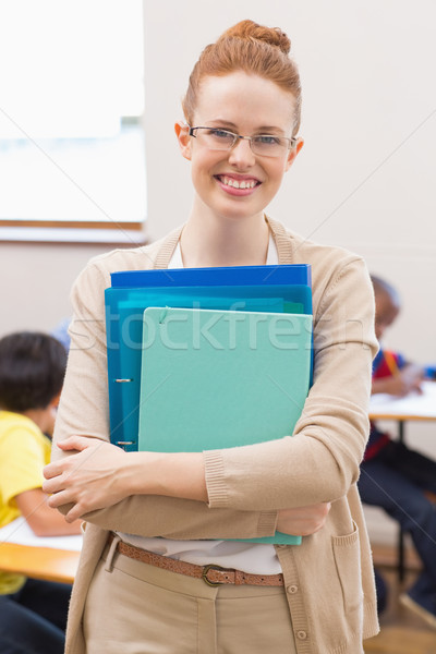 Foto stock: Bastante · professor · sorridente · câmera · escola · primária · mulher