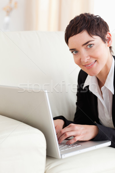 Bruna imprenditrice divano laptop soggiorno Foto d'archivio © wavebreak_media