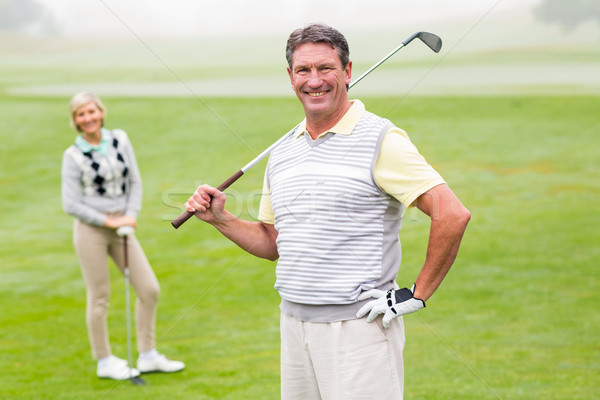 Stockfoto: Gelukkig · golfer · af · partner · achter · mistig
