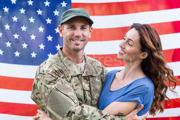 Foto stock: Bonito · soldado · parceiro · bandeira · americana · mulher · homem