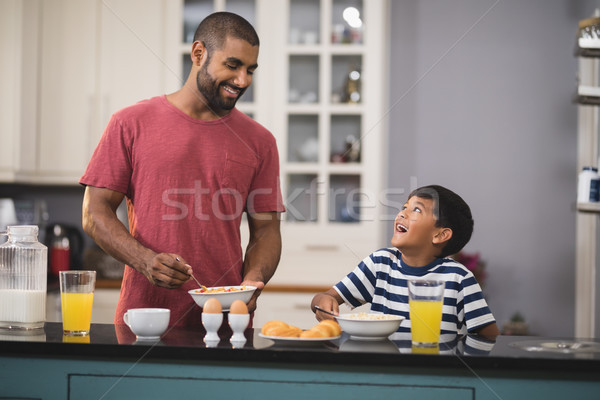 Stock foto: Glücklich · Vater-Sohn · Frühstück · Küche · jungen · home