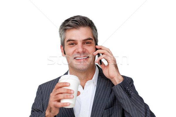 Sorridente empresário telefone potável café isolado Foto stock © wavebreak_media