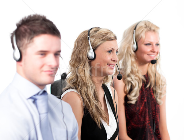 Stockfoto: Drie · mensen · call · center · drie · werken · business · kantoor