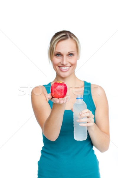 Foto d'archivio: Giovani · donna · sorridente · bottiglia · acqua · mela