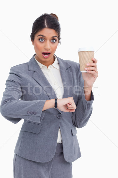 Foto stock: Conmocionado · femenino · papel · taza · tiempo