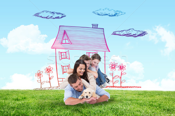 Obraz szczęśliwą rodzinę szczeniak Błękitne niebo zielone Zdjęcia stock © wavebreak_media