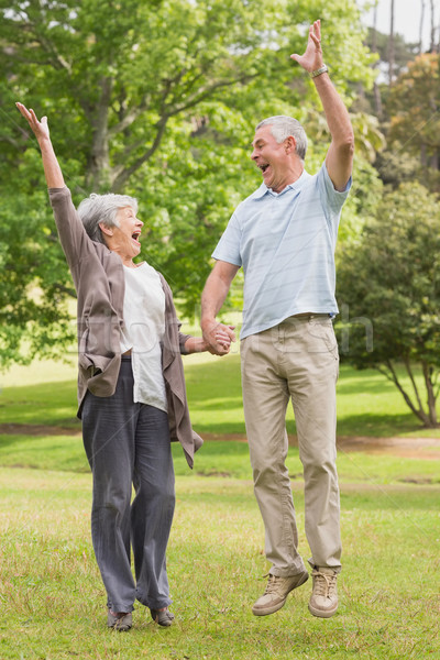 Stock photo: Active senior couple holding hands and jumping in park