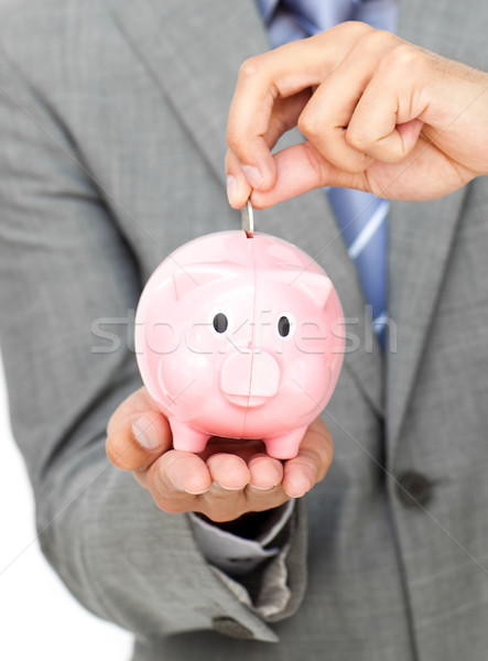 Stockfoto: Zakenman · besparing · geld · spaarpot · witte