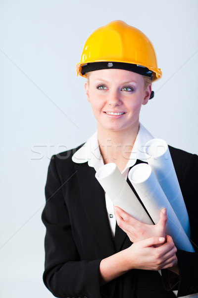 Weiblichen Arbeitnehmer Blaupausen jungen Mädchen Bau Stock foto © wavebreak_media