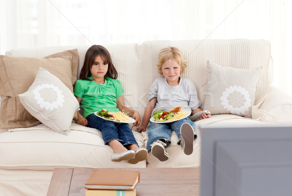 Cute brother and sister having dinner on the sofa in front of the television Stock photo © wavebreak_media