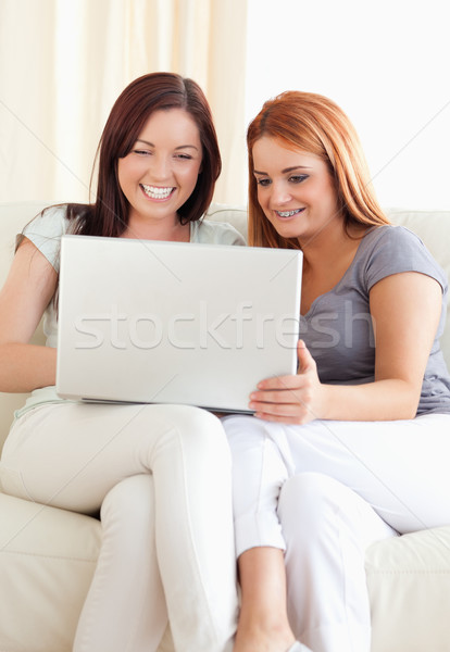 Aranyos fiatal nők ül kanapé laptop nappali Stock fotó © wavebreak_media