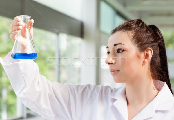 Cute science student looking at a blue liquid in an Erlenmeyer flask Stock photo © wavebreak_media