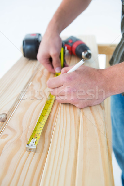 Foto stock: Carpinteiro · fita · métrica · imagem · branco · mãos