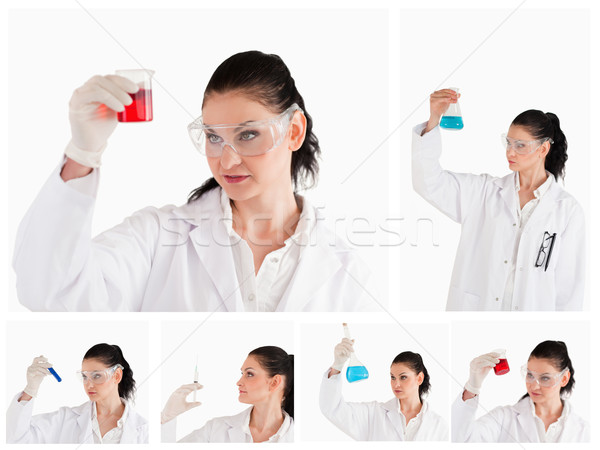 Collage of a female scientist looking at a red test tube and a beaker against a white background Stock photo © wavebreak_media