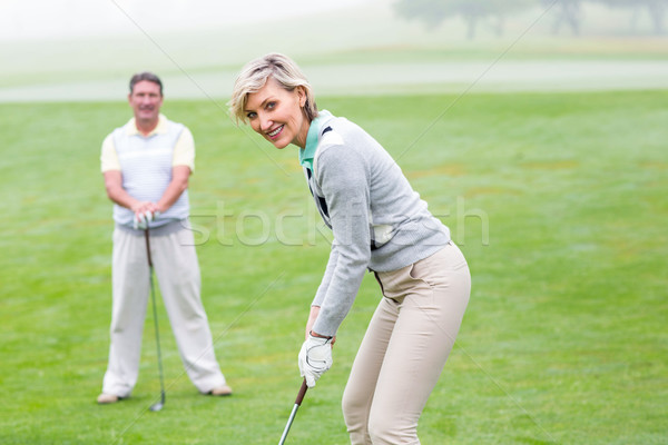 Stockfoto: Dame · golfer · af · dag · partner · mistig