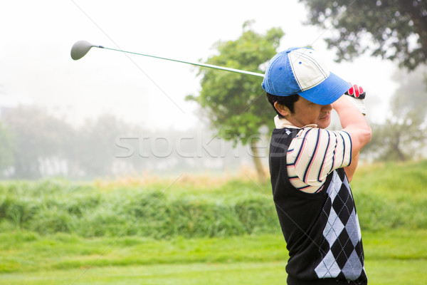 Foto stock: Jogador · de · golfe · campo · de · golfe · nuvens · esportes · verde