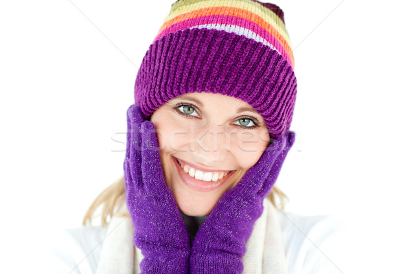 Genç kadın kapak eldiven kış gülen kamera Stok fotoğraf © wavebreak_media