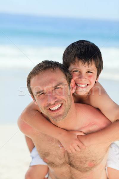 Tată piggyback plajă cer apă Imagine de stoc © wavebreak_media